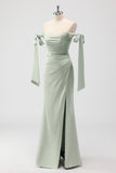 Sage Green Mermaid Off The Shoulder Ruched Long Bridesmaid Dress with Slit