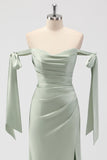 Sage Green Mermaid Off The Shoulder Ruched Long Bridesmaid Dress with Slit
