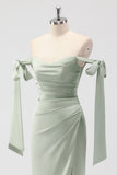 Sage Green Mermaid Off The Shoulder Ruched Long Bridesmaid Dress with Slit