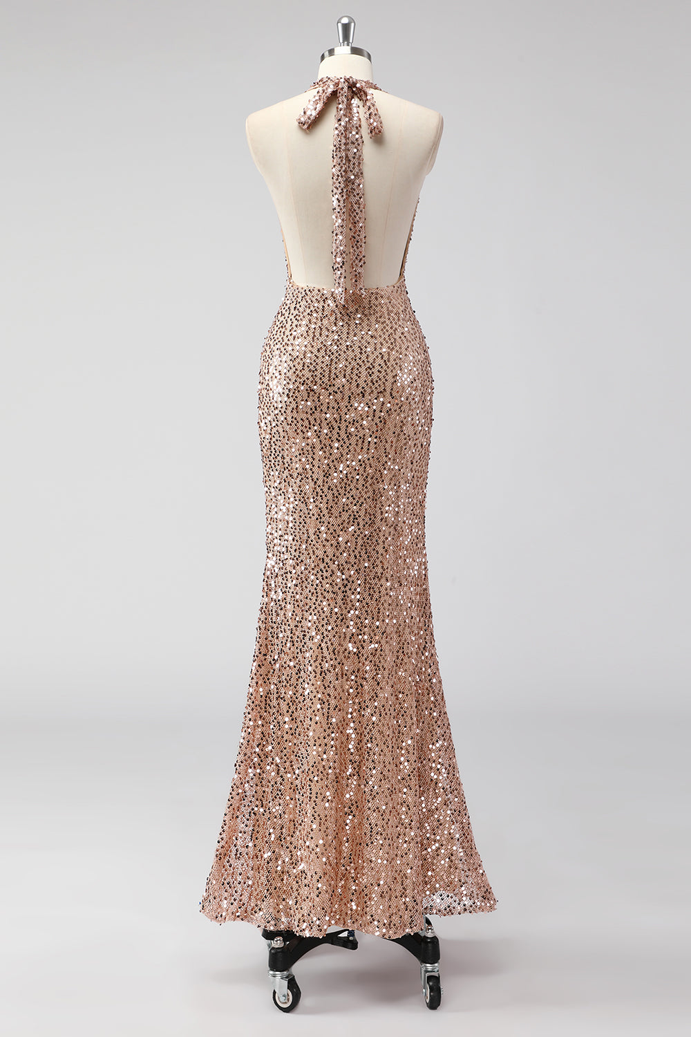 champagne open back prom dresses Prom Dress V Neck Champagne Gold Sequin Dress With Open Back