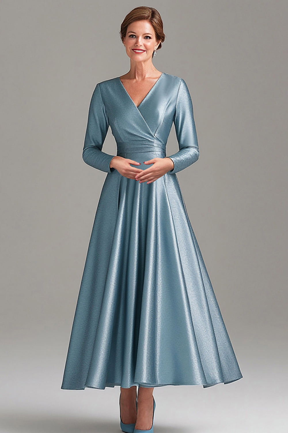 WEDTREND Women A Line Grey Blue Mother Dress V Neck Long Sleeves Mother Of the Bride Dress WEDTREND Women A Line Grey Blue Mother Dress V Neck Long Sleeves Mother Of the Bride Dress