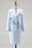 Blue Satin Long Sleeves 2 Pieces Mother Of The Bride Dress with 3D Flower