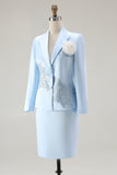 Blue Satin Long Sleeves 2 Pieces Mother Of The Bride Dress with 3D Flower