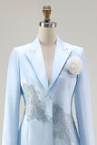 Blue Satin Long Sleeves 2 Pieces Mother Of The Bride Dress with 3D Flower