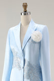 Blue Satin Long Sleeves 2 Pieces Mother Of The Bride Dress with 3D Flower