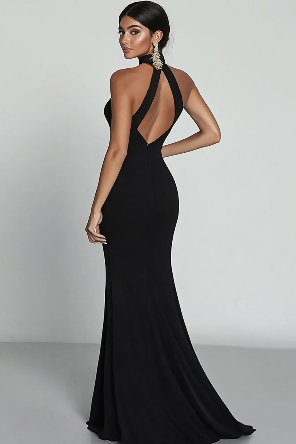 WEDTREND Women Black Formal Dress With Slit Mermaid Halter Neck With Hook Satin Formal Wear Dress WEDTREND Women Black Formal Dress With Slit Mermaid Halter Neck With Hook Satin Formal Wear Dress