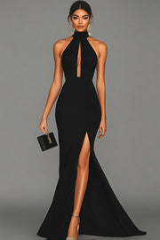 Black Halter Neck Mermaid Satin Formal Dress