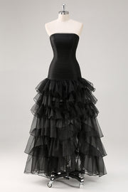 Black Tulle Strapless Tiered Formal Dress with Ruffles