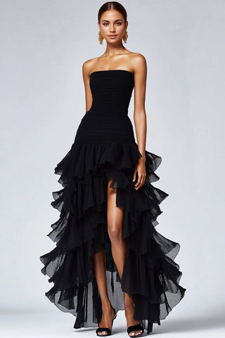 black dress with ruffles at the bottom Strapless Ruffle Slit Long Ohmollydress cut back and a thigh METOES Women's 2024 Black Short