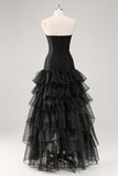 Black Strapless Tiered Ruffles Tulle Formal Dress