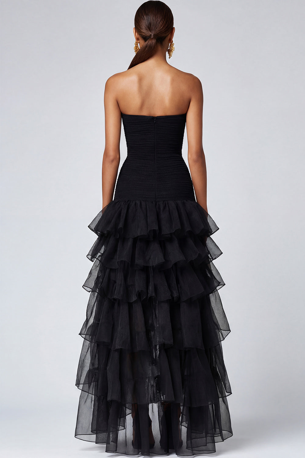WEDTREND Women Black Formal Dress With Slit Strapless Tulle Tiered Ruffles Formal Wear Dress WEDTREND Women Black Formal Dress With Slit Strapless Tulle Tiered Ruffles Formal Wear Dress