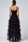 Black Strapless Tiered Ruffles Tulle Formal Dress