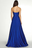 Royal Blue A Line Pleated Asymmetric Chiffon Strapless Maxi Formal Dress
