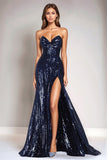 Sparkly Sequined Mermaid Navy Strapless Tight Formal Dress with Slit