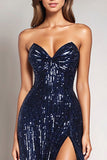 Sparkly Sequined Mermaid Navy Strapless Tight Formal Dress with Slit