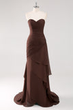 Dark Brown A-Line Sweetheart Ruched Ruffled Long Formal Dress with Slit