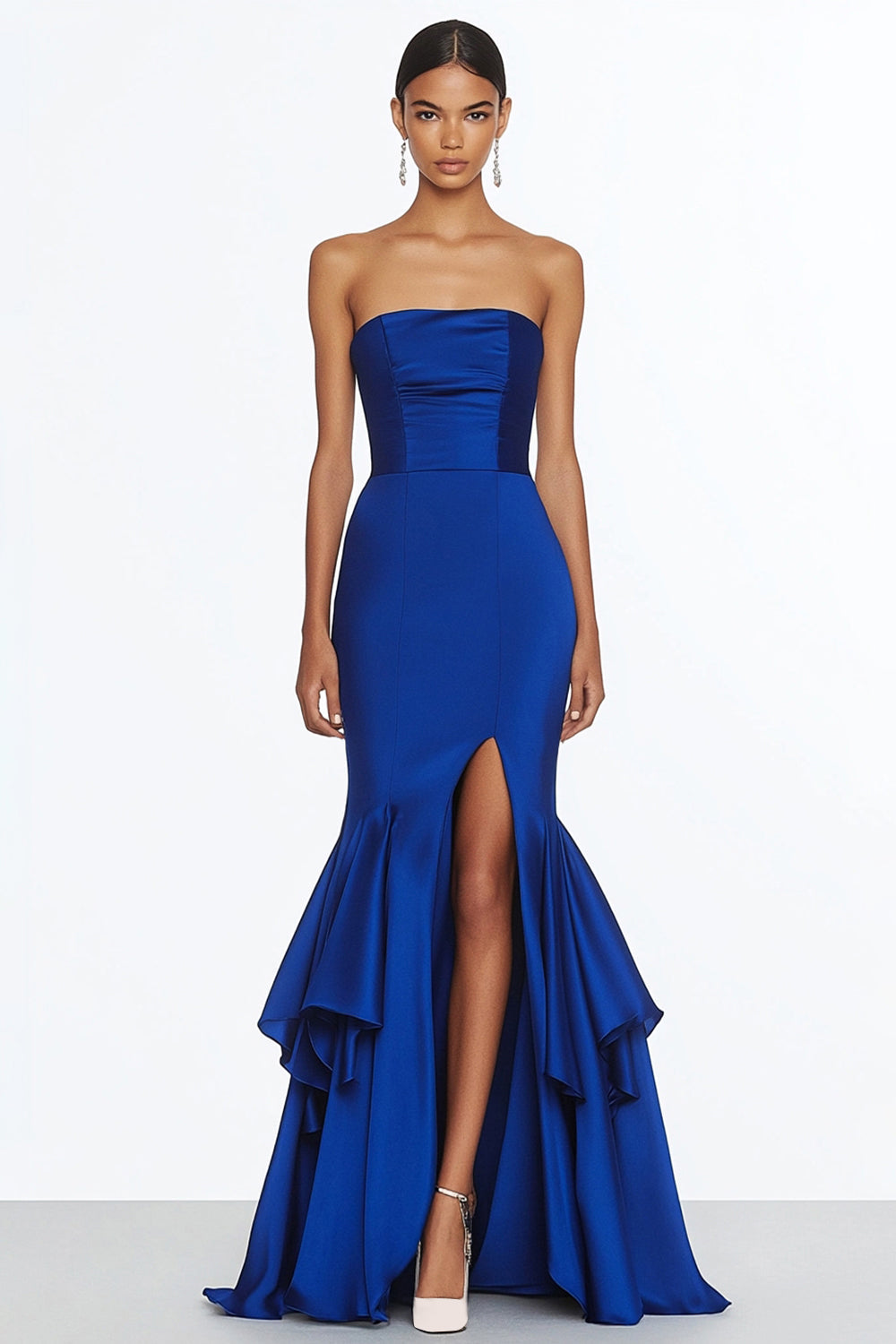royal blue satin maxi dress Elegant Royal Blue Silk Evening Gown: Handcrafted Luxury Maxi Dress With Slit