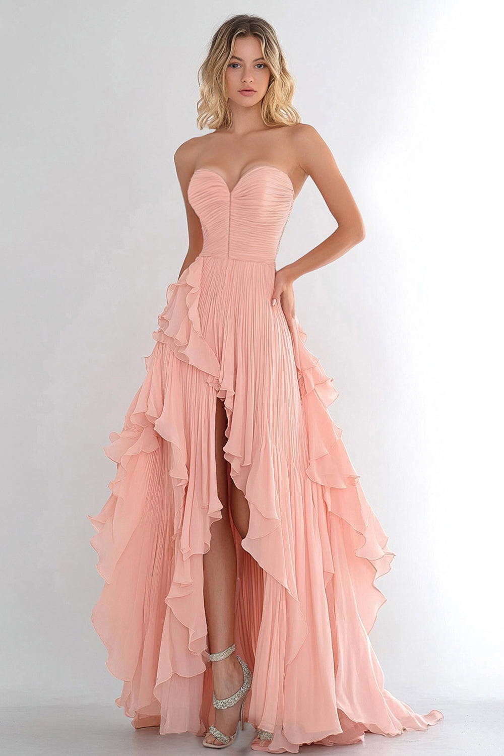 WEDTREND Women Pink Chiffon Ruffled Long Prom Dress Sweetheart A Line Evening Dress WEDTREND Women Pink Chiffon Ruffled Long Prom Dress Sweetheart A Line Evening Dress