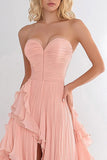 A Line Pink Chiffon Ruffled Long Prom Dress