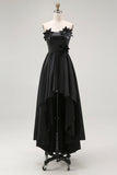Black A-Line Strapless High-Low Ruffled Satin Formal Dress with 3D Flowers