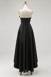 Black A-Line Strapless High-Low Ruffled Satin Formal Dress with 3D Flowers