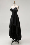 Black A-Line Strapless High-Low Ruffled Satin Formal Dress with 3D Flowers