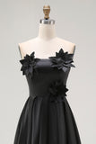 Black A-Line Strapless High-Low Ruffled Satin Formal Dress with 3D Flowers