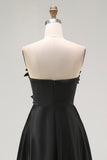 Black A-Line Strapless High-Low Ruffled Satin Formal Dress with 3D Flowers