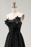 Black A-Line Strapless High-Low Ruffled Satin Formal Dress with 3D Flowers