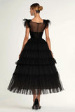 Black A-Line Flatter Sleeves Tiered Tulle Formal Dress with Ruffles