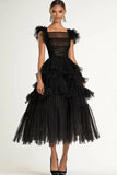 Black A-Line Flatter Sleeves Tiered Tulle Formal Dress with Ruffles