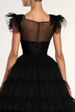 Black A-Line Flatter Sleeves Tiered Tulle Formal Dress with Ruffles