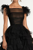 Black A-Line Flatter Sleeves Tiered Tulle Formal Dress with Ruffles