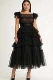 Black A-Line Flatter Sleeves Tiered Tulle Plus Size Formal Dress with Ruffles