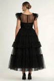 Black A-Line Flatter Sleeves Tiered Tulle Plus Size Formal Dress with Ruffles
