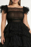 Black A-Line Flatter Sleeves Tiered Tulle Plus Size Formal Dress with Ruffles