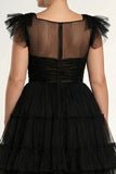 Black A-Line Flatter Sleeves Tiered Tulle Plus Size Formal Dress with Ruffles