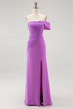 Purple Sheath Off The Shoulder Pleated Formal Dress with Slit