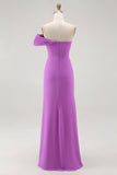 Purple Sheath Off The Shoulder Pleated Formal Dress with Slit