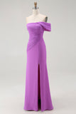 Purple Sheath Off The Shoulder Pleated Formal Dress with Slit