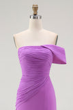 Purple Sheath Off The Shoulder Pleated Formal Dress with Slit