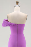 Purple Sheath Off The Shoulder Pleated Formal Dress with Slit