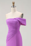 Purple Sheath Off The Shoulder Pleated Formal Dress with Slit