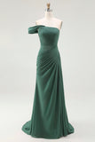 Mermaid Dark Green One Shoulder Pleated Long Formal Dress