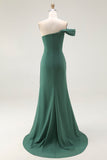 Mermaid Dark Green One Shoulder Pleated Long Formal Dress
