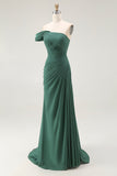 Dark Green Mermaid One Shoulder Pleated Long Formal Dress