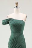 Dark Green Mermaid One Shoulder Pleated Long Formal Dress