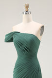 Dark Green Mermaid One Shoulder Pleated Long Formal Dress