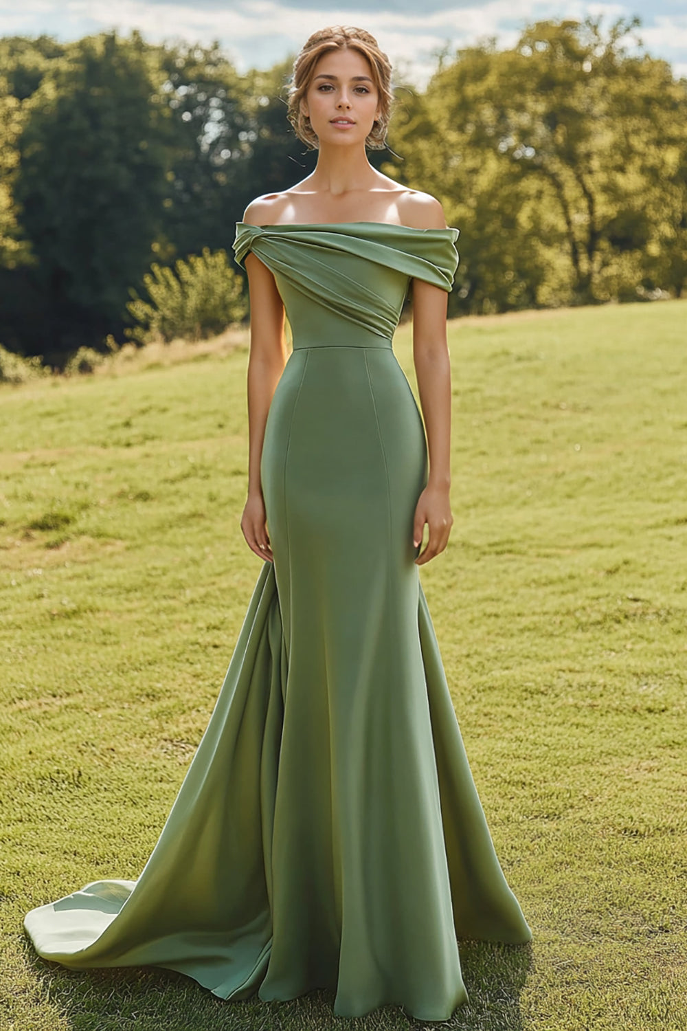WEDTREND Women Sage Formal Dress with Wide Hem Off The Shoulder Draped Neck Long Fishtail Evening Dress WEDTREND Women Sage Formal Dress with Wide Hem Off The Shoulder Draped Neck Long Fishtail Evening Dress