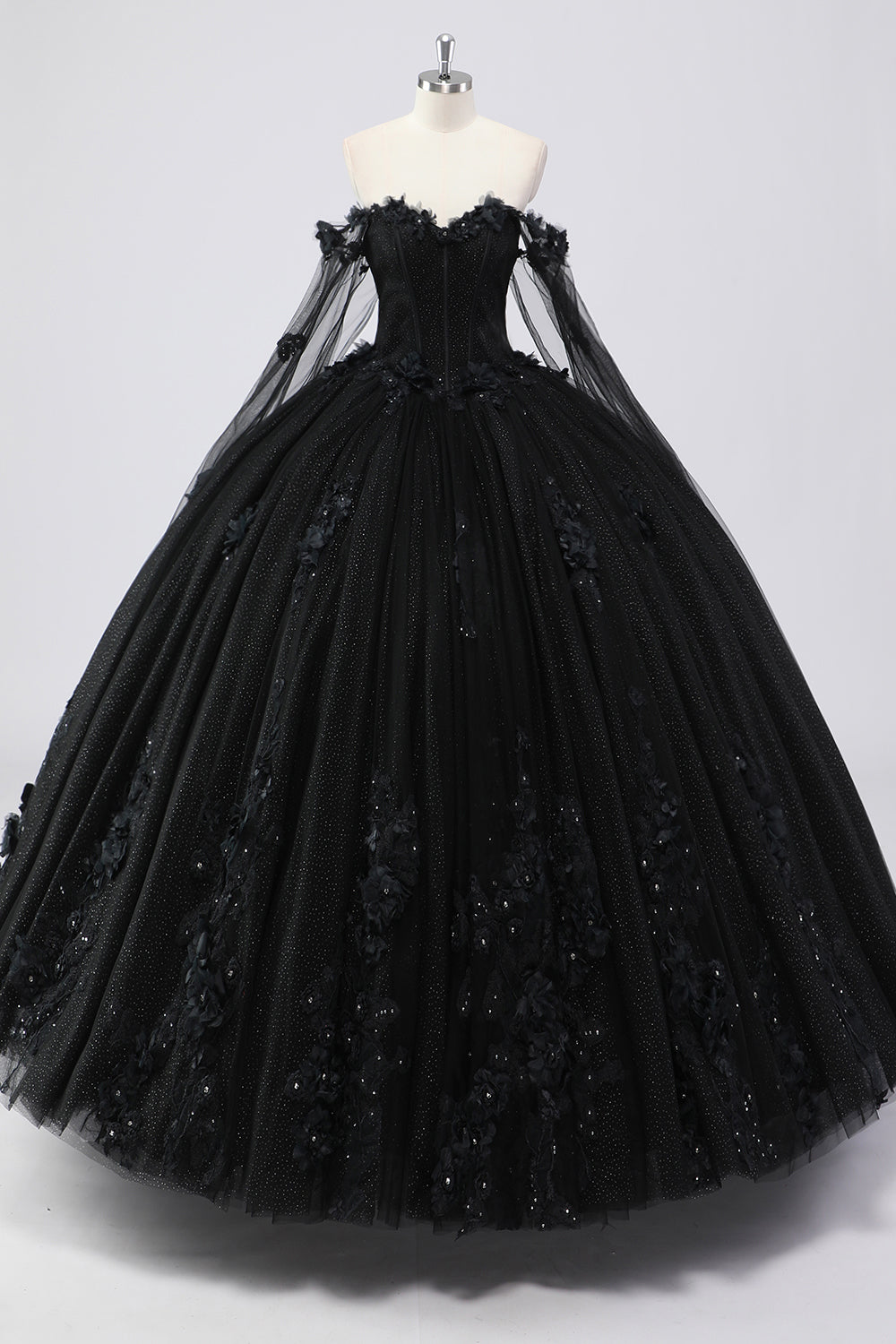 Wedtrend Women Sparkly Black Quinceanera Dress Ball Gown Off the Shoulder Cape Sleeves Tulle Sweet 16 Dress with 3D Flowers WEDTREND Wedtrend Women Sparkly Black Quinceanera Dress Ball Gown Off the Shoulder Cape Sleeves Tulle Sweet 16 Dress with 3D Flowers WEDTREND